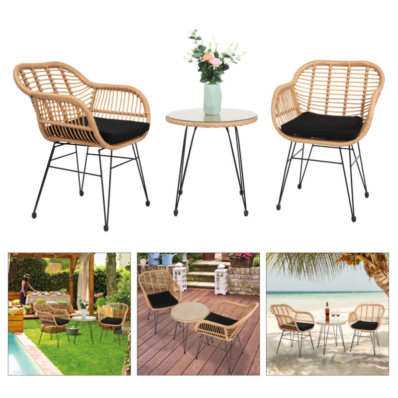 3 pcs Wicker Rattan Patio  Set with Glass Table