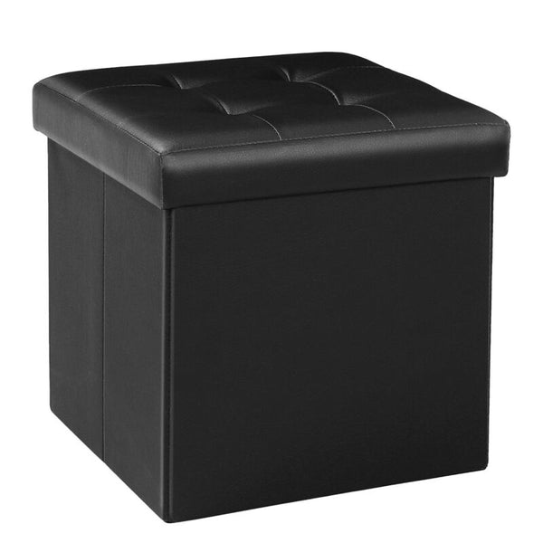 Faux Leather Folding Storage Box Ottoman Seat Stool black - Cints and Home