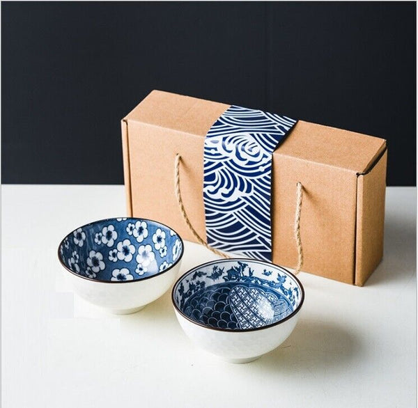Set of 2 Blue Japanese Chinese Style Rice Bowl Gift Set - Cints and Home