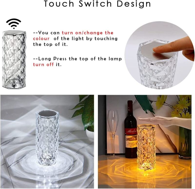 LED Crystal Table Lamp Diamond Rose Bar Night Light Touch Atmosphere Bedside - Cints and Home