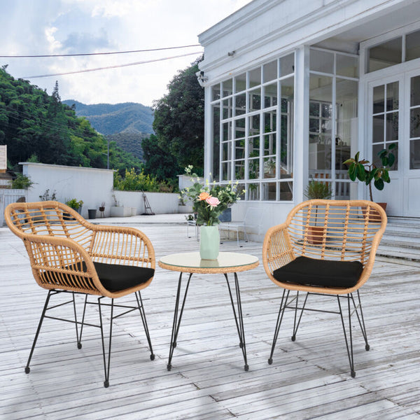 3 pcs Wicker Rattan Patio  Set with Glass Table