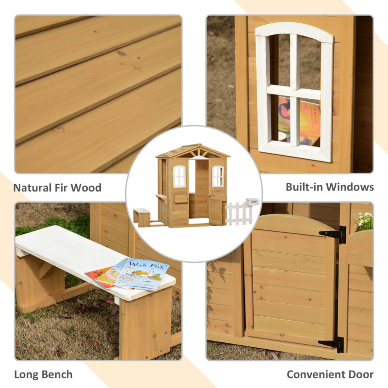 Wooden Outdoor Playhouse w/ Door Windows Bench - Cints and Home