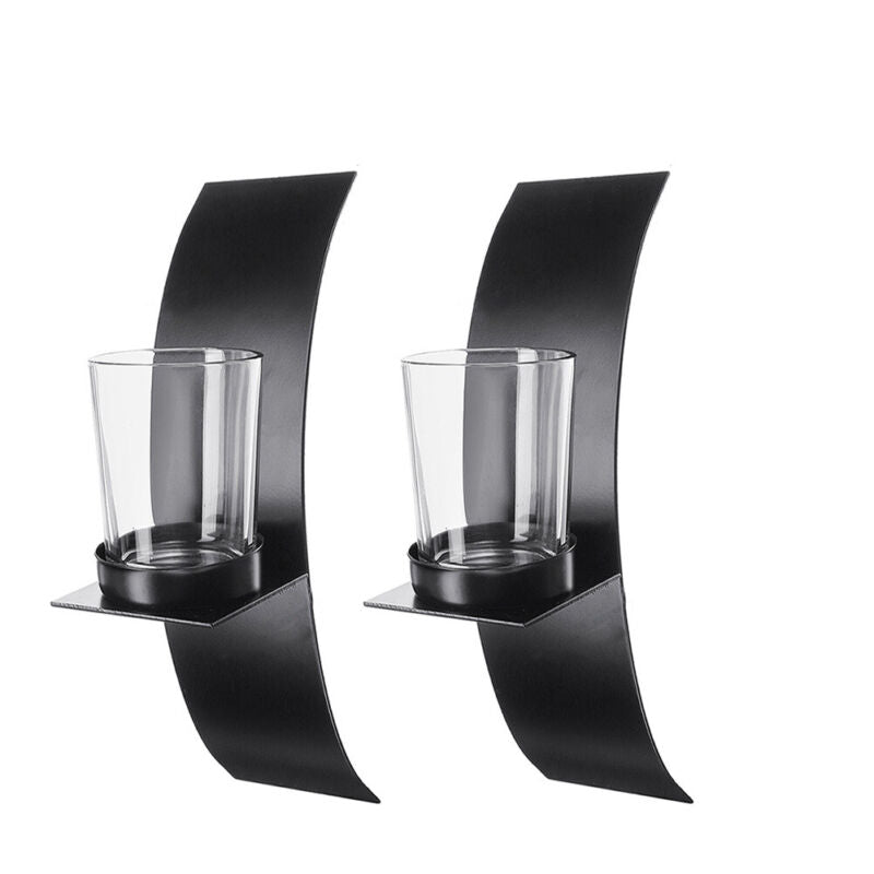 Pair Of Wall Mounted Candle Holders Metal Glass Candlestick Home Decor Black