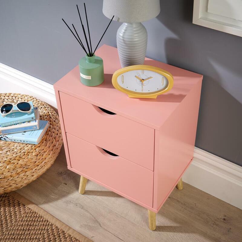 Pink 2 Drawer Bedside Cabinet Wooden Side Lamp Table Nightstand Scandi Legs - Cints and Home