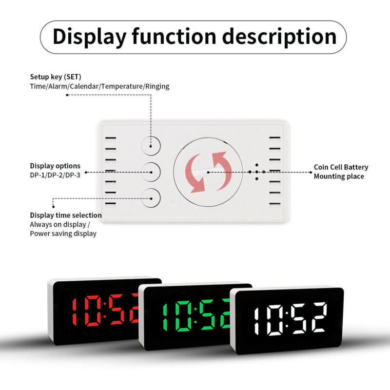 Digital Alarm Clock LED Mirror Display Temperature Date - Cints and Home