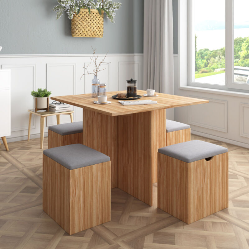 5PC Wooden Dining Table Set 4 Stools with Soft Cushion