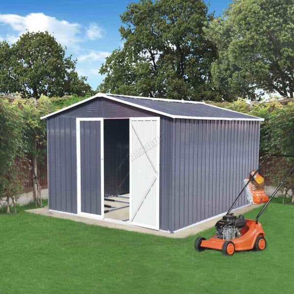 10X8FT Metal Garden Shed Apex Roof With Free Foundation Base Storage House Grey