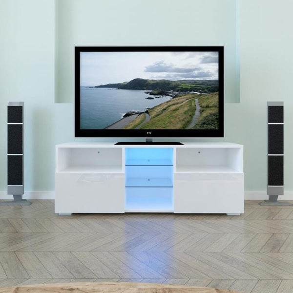 White TV Unit Living Room Cabinet 120CM High Gloss Door LED Light - Cints and Home