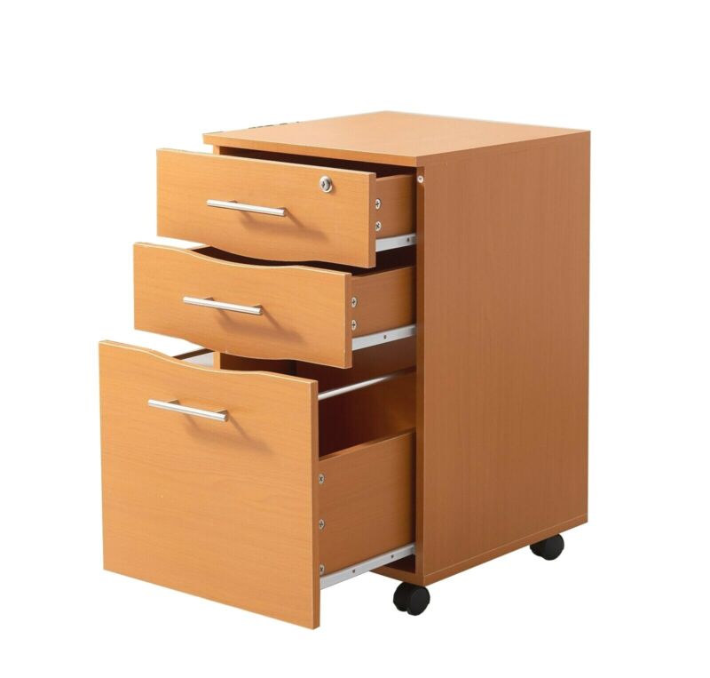 Office Filing Cabinet Pedestal Under Desk Storage Unit 3 Drawers Castors Beech - Cints and Home