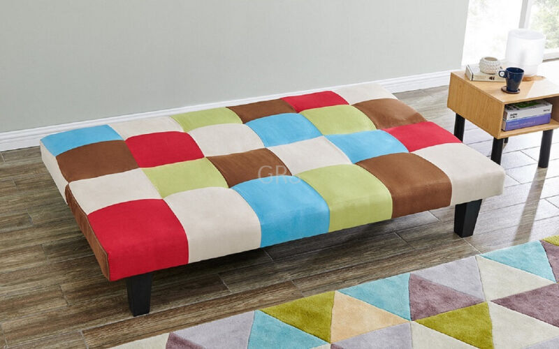 Fabric Sofa Bed 3 Seater Rainbow Patchwork Colour Black Legs - Cints and Home