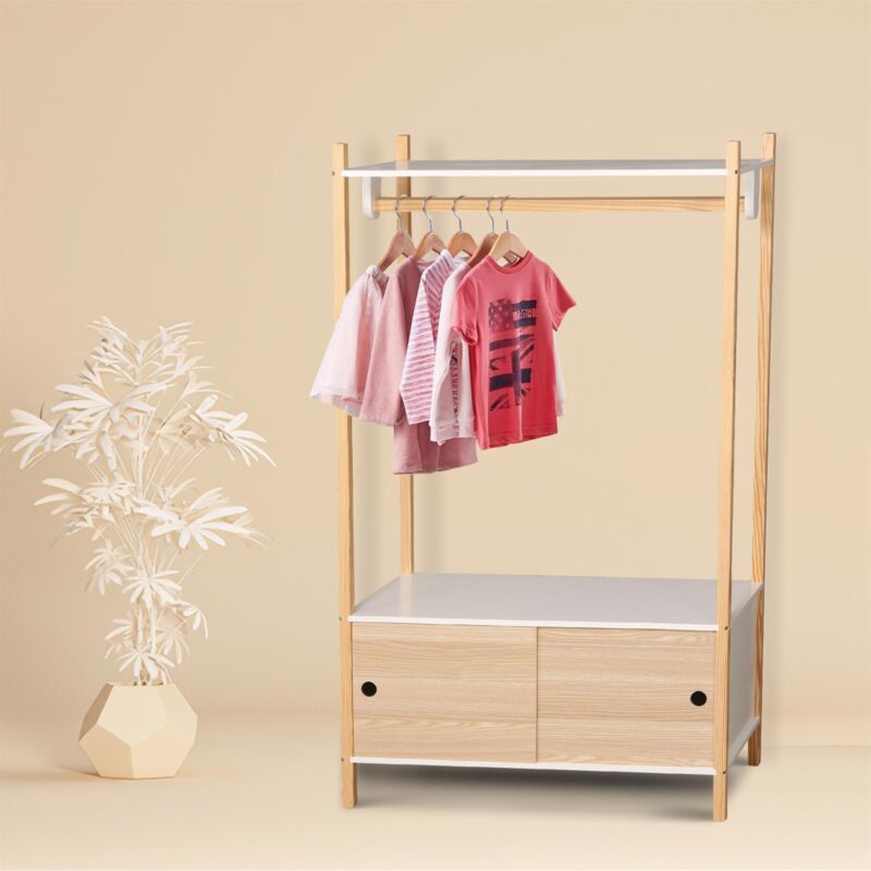 White Kids' Wooden Wardrobe With Two Sliding Doors For Toys - Cints and Home