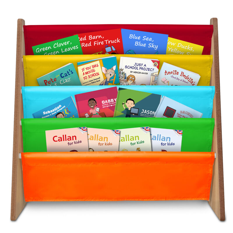 Kids Childrens Book Shelf Wooden Sling Storage Rack