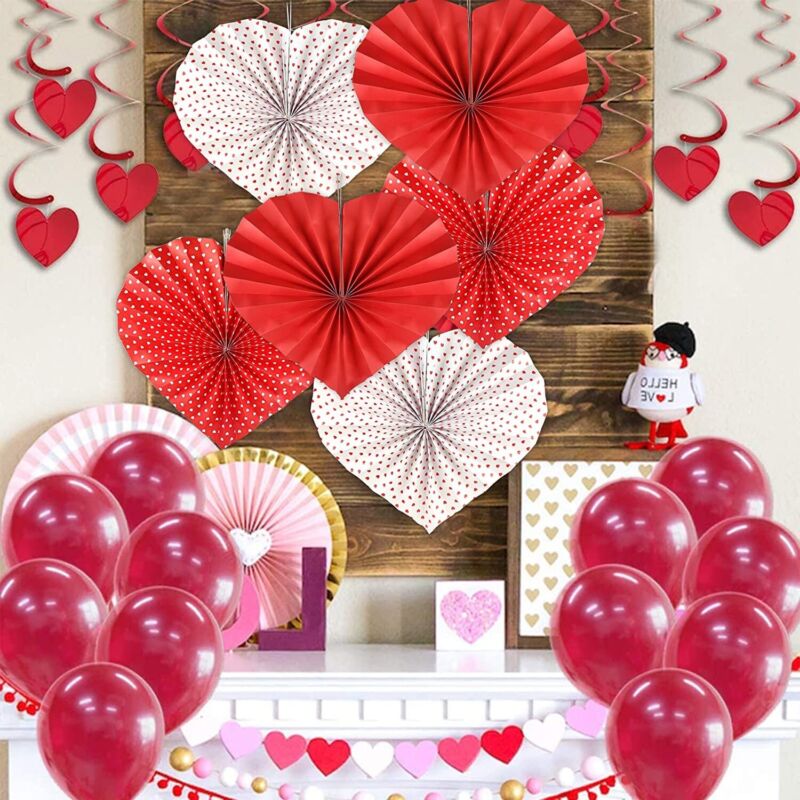 6 Pcs Paper Fan Valentines Day Decorations, Red Heart Paper Fans Set