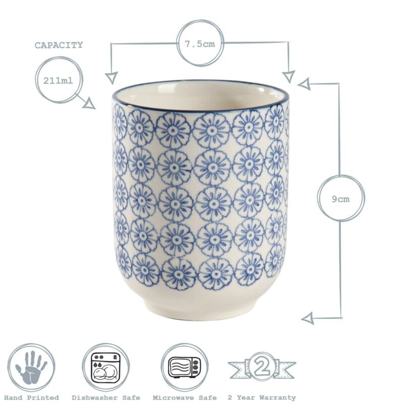 Set of 6 Hand Printed Porcelain Mugs Tea Coffee