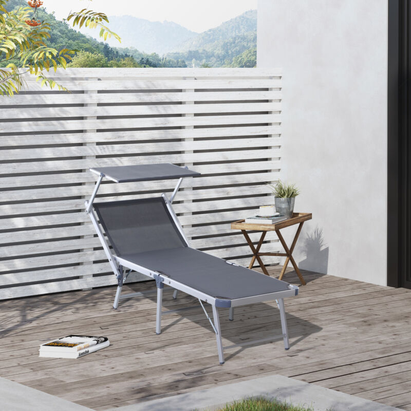 Outdoor Lounger Fold Reclining Chair w/ Adjustable Canopy Grey - Cints and Home