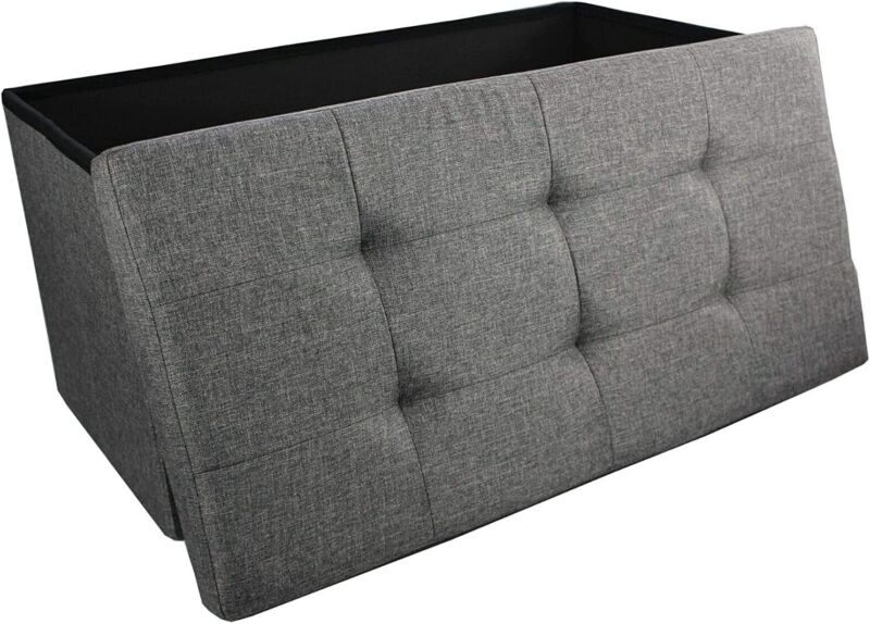 GREY LINEN FOLDING STORAGE OTTOMAN - Cints and Home