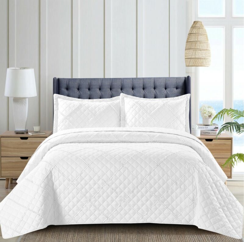 3 Piece Quilted Bedspread Embossed Bed Throw Single Double