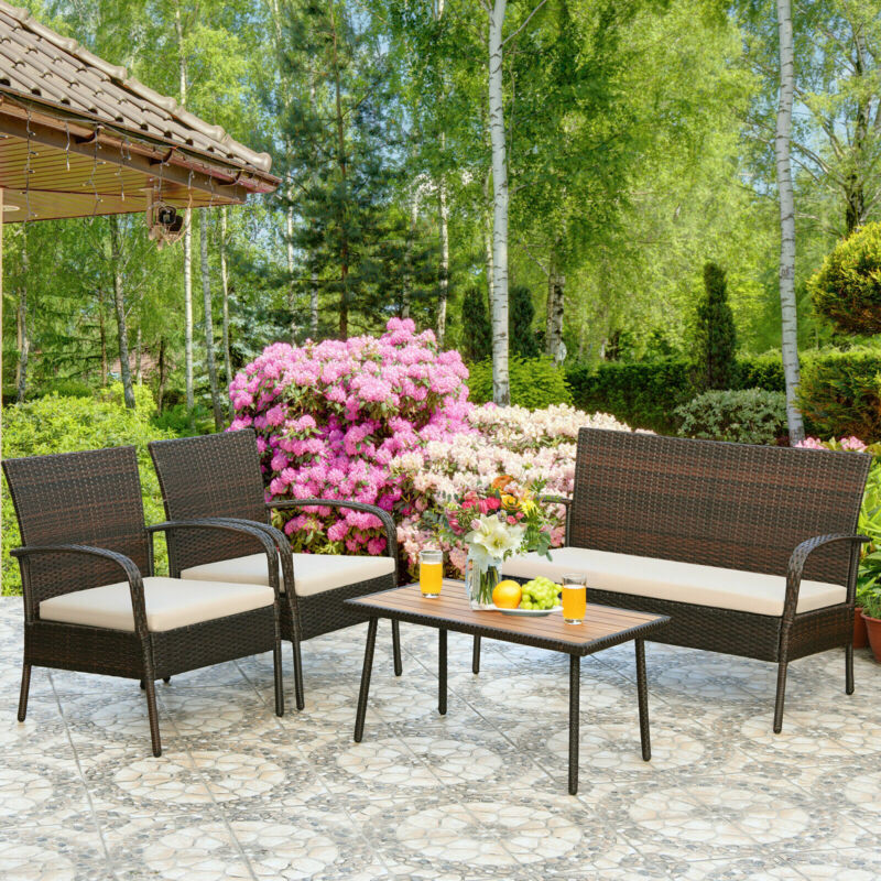 4PCS Outdoor Rattan Furniture Bistro Set Garden Patio