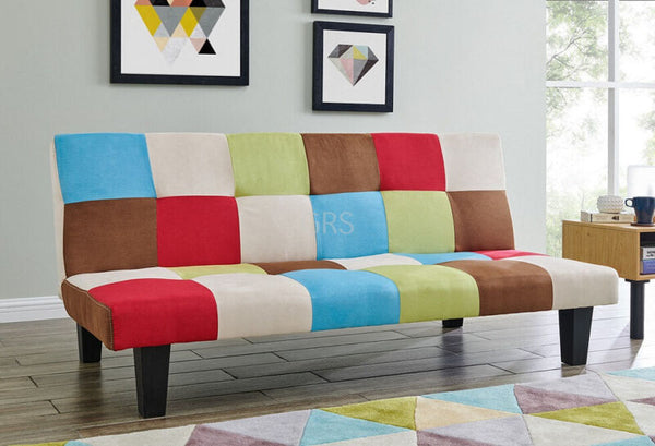 Fabric Sofa Bed 3 Seater Rainbow Patchwork Colour Black Legs - Cints and Home
