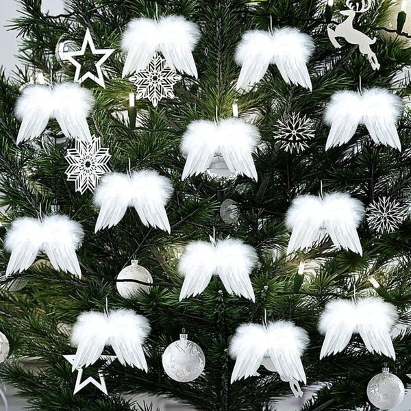 5x White Angel Wings Christmas Feather Baubles