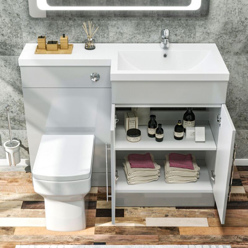 Bathroom Vanity Unit Sink Grey Cabinet Right Hand Basin Storage with WC Toilet
