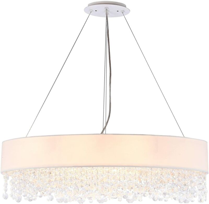 Elegant 9 Light Ceiling Pendant Crystal Chandelier, White Shade