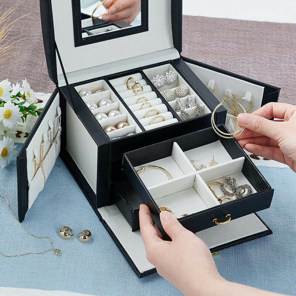Black Jewellery Boxes Leather Storage Case Drawer Cabinet Necklace Organizer