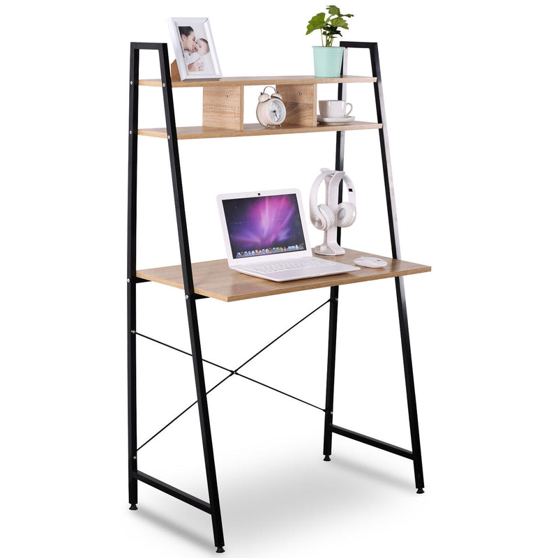 2 Tier Computer Writing Desk with Bookshelf Laptop Workstation - Cints and Home