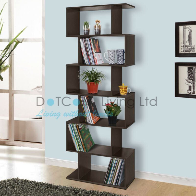 Wood Bookcase Bookshelf S Shape 6 Tier Shelves