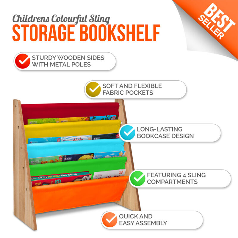 Kids Childrens Book Shelf Wooden Sling Storage Rack