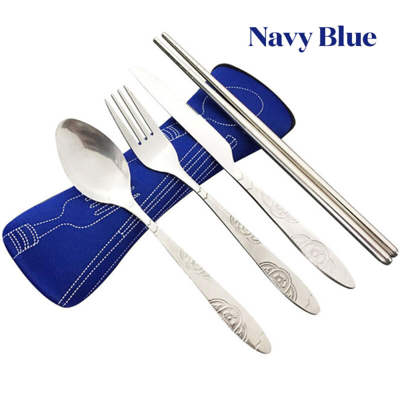 4Pcs Cutlery Travel Knife Fork Portable Bag Stainless