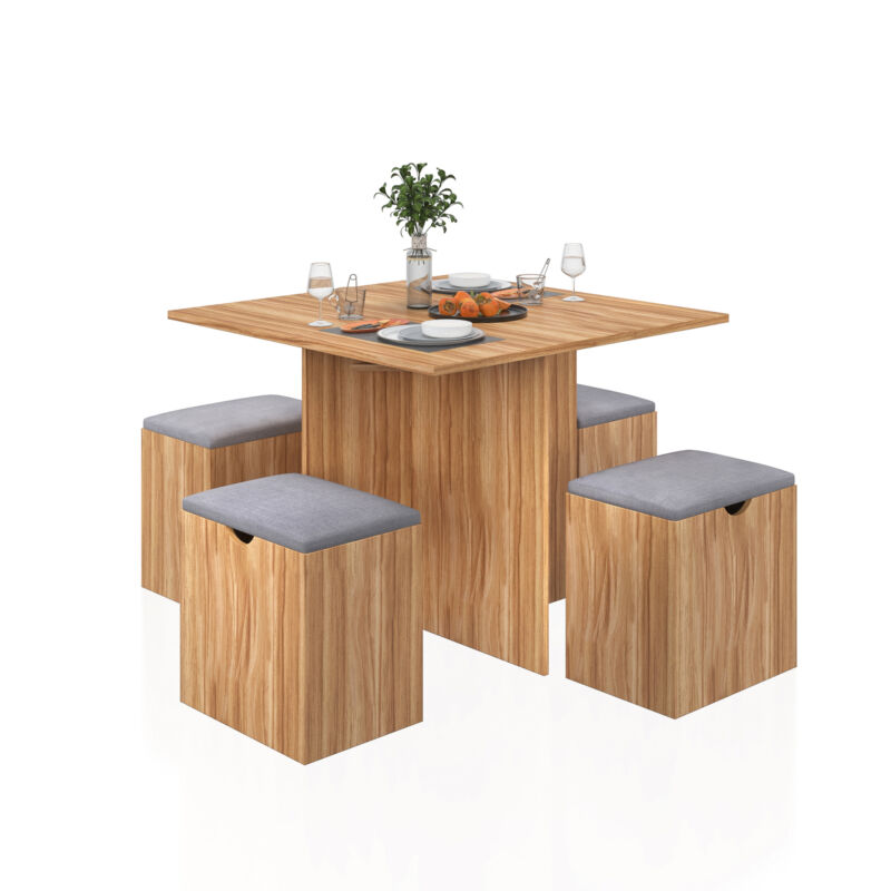 5PC Wooden Dining Table Set 4 Stools with Soft Cushion